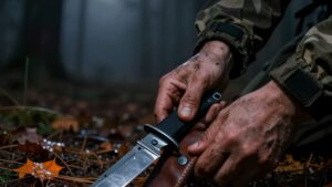 Руки выжившего готовят нож для тактики ночных рейдов в туманном осеннем лесу
