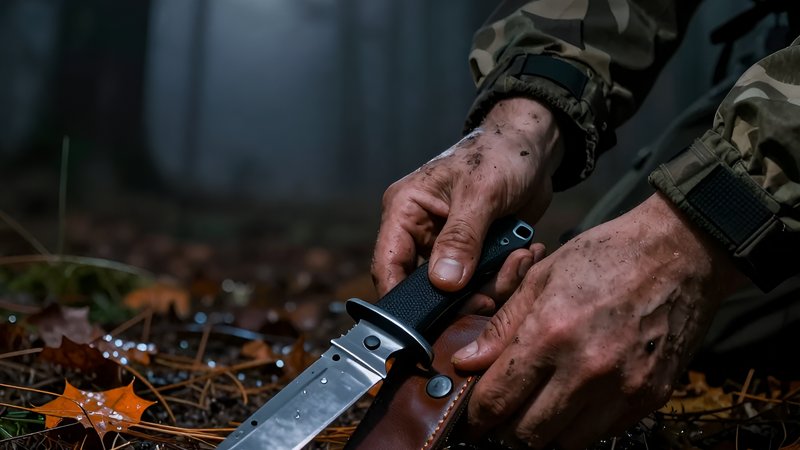 Руки выжившего готовят нож для тактики ночных рейдов в туманном осеннем лесу