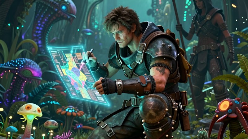 Воин в самодельной броне изучает карту, планируя хардкорный старт в MMORPG по гайду выживанию 2026